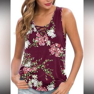 Feiersi Burgundy Soft Floral Lace Up V Neck Tank